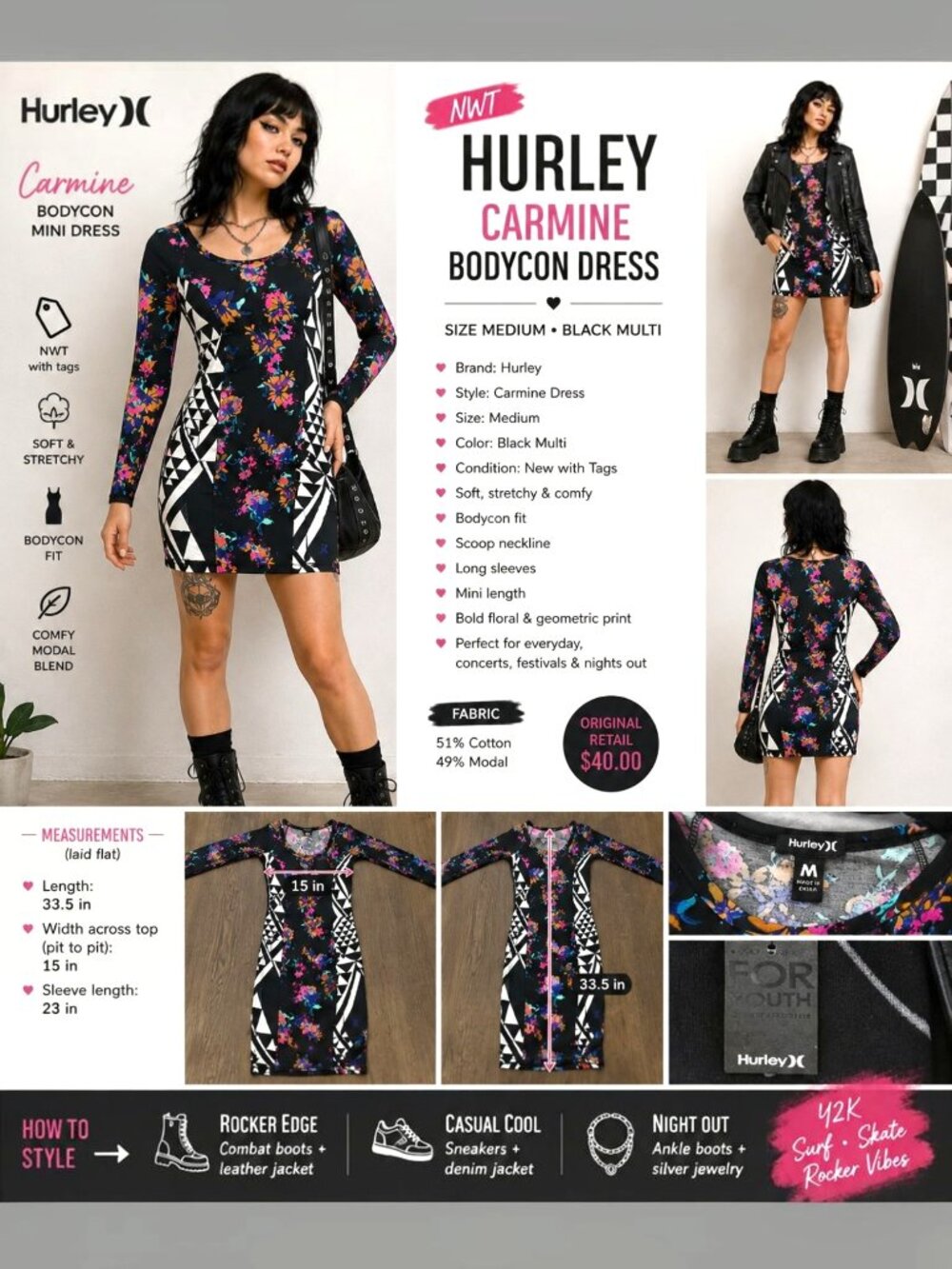 NWT Hurley Carmine Bodycon Mini Dress M Black Floral Geometric Long Sleeve